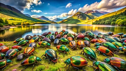 Fototapeta premium Panoramic Lochfra: Vibrant Beetle Panorama, Colorful Insect Photography, Nature Scenery, German Landscape