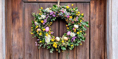 A vibrant spring wreath adorned with colorful flowers and decorative eggs. Perfect for welcoming guests, this design adds charm to any door. A blend of floral beauty and festive spirit. AI