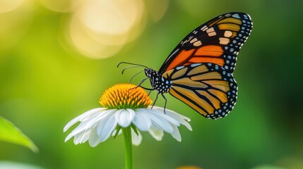 Fototapeta premium Monarch Butterfly on White Flower in a Lush Garden