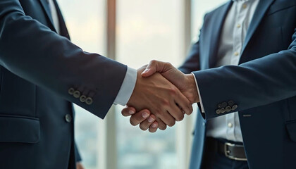 A close-up of a handshake between two business people in a corporate setting, symbolizing partnership and trust, with a blurred office background