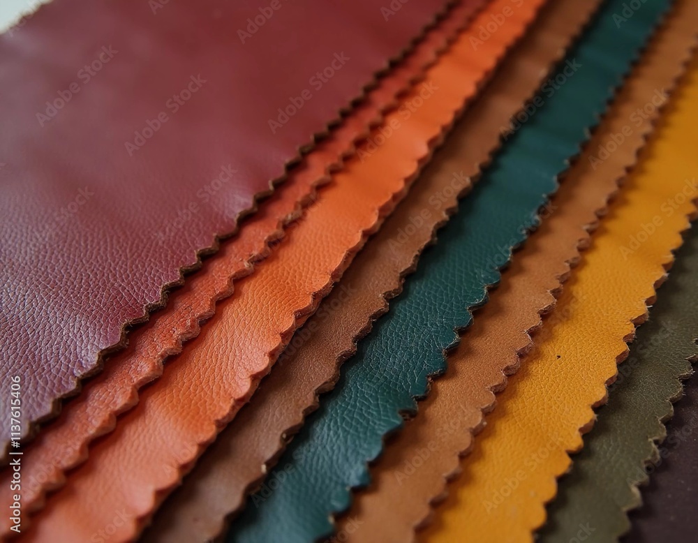 Poster samples of genuine cow leather in different colors are arranged neatly on a surface, showcasing the 