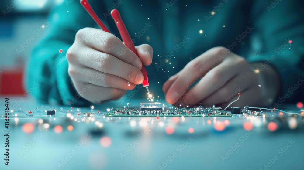 Poster an overhead view of a desk scattered with computer components, wires, circuit boards, and tools, wit