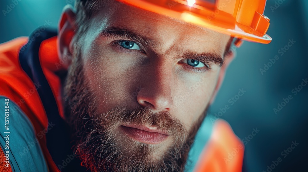Poster a construction worker in a hardhat and safety vest using a laser level to ensure precise measurement