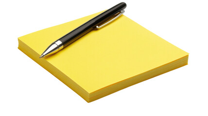 A Bright Yellow Sticky Note Pad with a Pen Perfect for Office Use, Creative Projects, and Reminders.