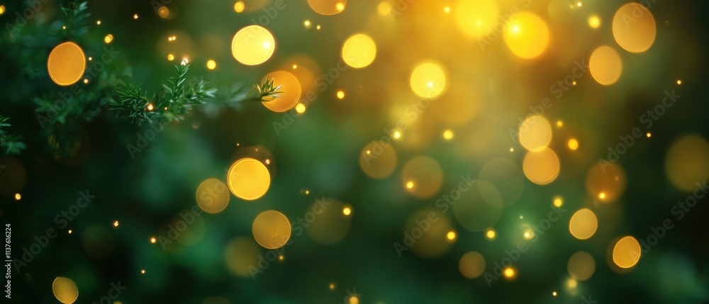 Poster soft green bokeh background with glowing yellow lights and gentle forest elements creating a dreamy 