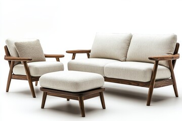 Fototapeta premium Scandinavian modern plush sofa, chair, and footstool set with white linen fabric and wood frame accents, designed for a modern apartment living room.