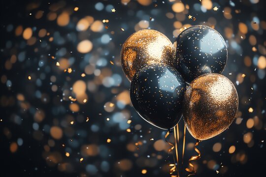 Black and gold balloons with confetti on a dark background.