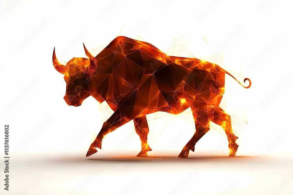 Poster abstract polygonal bull in fiery colors with geometric shapes and bright illumination for dynamic vi