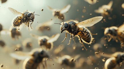 Many bees flying, pollen dust, golden light.