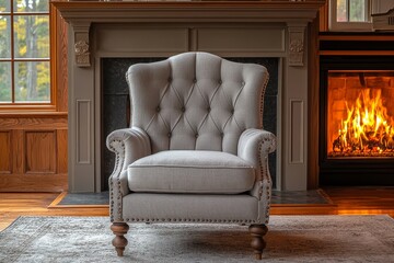 Fototapeta premium Gray armchair with nailhead trim, wooden legs, light gray fabric with buttons, placed in front of the fireplace, perfect for vintage style living room decor.