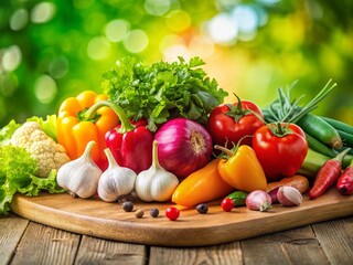 Panoramic Rustic Wooden Cutting Board Fresh Vegetables Green Background Photo