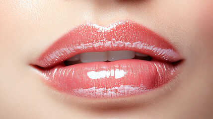Fototapeta premium Close-up of glossy pink lips isolated on white background