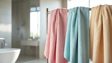 Fototapeta premium Freshly washed fluffy towels in pastel colors, draped over a towel rack. The background shows a blurred modern bathroom.