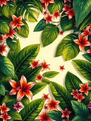 Obraz premium Tropical leafy greens and colorful flowers in a pattern, tropical plants, nature landscapes, flower arrangements
