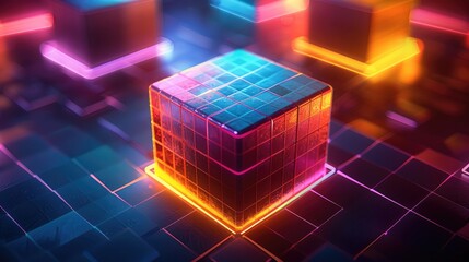 An isometric grid of hexagonal prisms, blending vibrant gradients of magenta, cyan, and yellow, with crisp edges and glowing accents, creating a modern and energetic 3D effect.