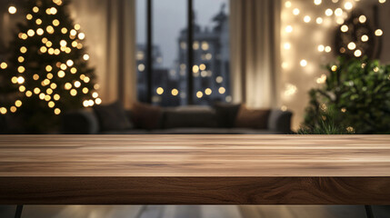 An empty wooden tabletop is set against a blurred background, Wooden table top with palm trees, seascape, tropical beach and decoration of garlands of lights, 