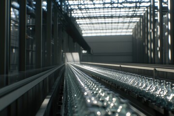 Minimalistic Industrial Scene of a Packaging Conveyor with Bottles for Manufacturing and Design Purposes