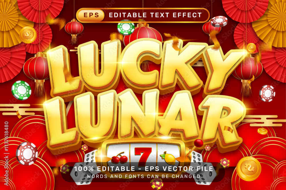 Aufkleber lucky lunar 3d text effect and editable text effect with lanterns and chinese ornaments