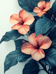 Peach Hibiscus Flowers with Lush Green Leaves