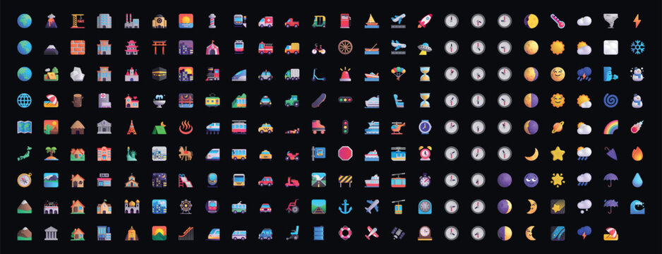 Naklejki Set of yellow emoji Travel & Places in vector graphic format on a black background.