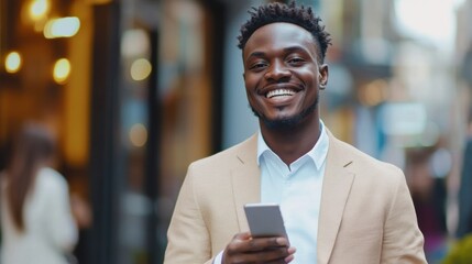 Fototapeta premium A candid moment of a confident entrepreneur holding a smartphone, their friendly expression complemented by a sophisticated business environment