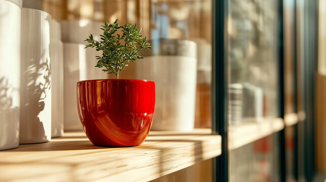 Young green tree in a red cachepot on a light-colored wooden shelf in a flower store