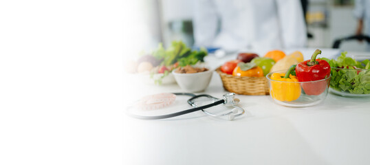 Fresh vegetables, fruits, and healthy food concepts combined with medical nutrition care, wellness, and diet planning