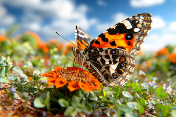 Obraz premium Colorful butterfly resting on vibrant flower in a sunny garden with blurred background and vivid floral display