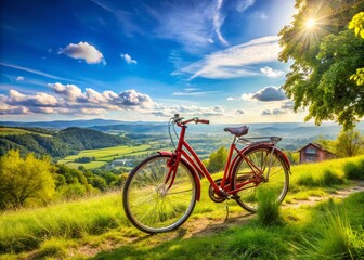 Fototapeta premium Panoramic View of a Red Vintage Style Classic Bicycle Against a Scenic Background with Lush Greenery and a Clear Blue Sky, Capturing the Essence of Nostalgic Travel and Adventure