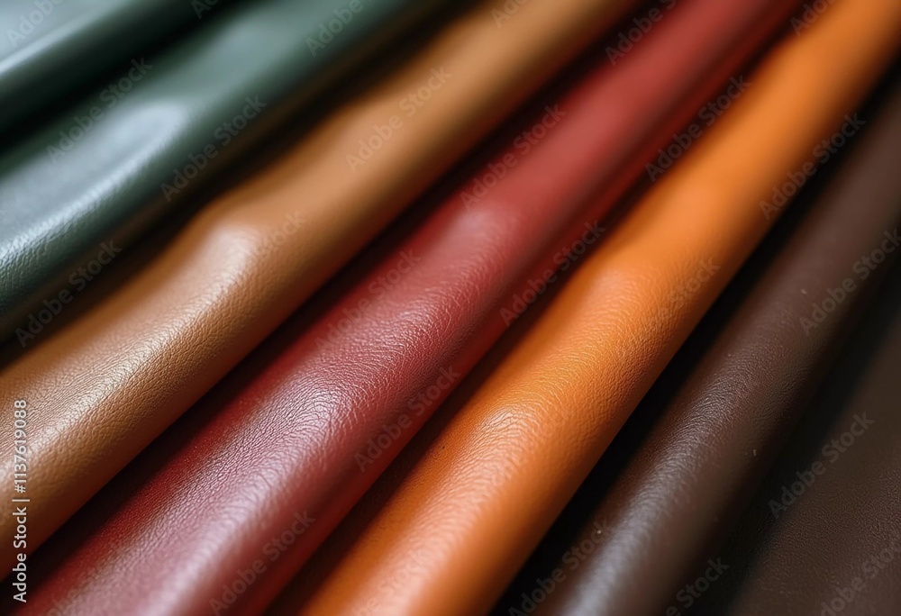 Poster samples of genuine cow leather in different colors are arranged neatly on a surface, showcasing the 