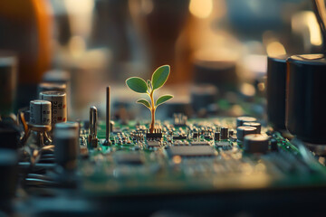 A small plant sprouting from the circuit board of an electronic device