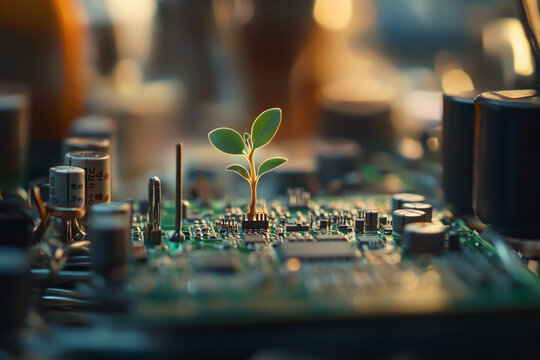 A small plant sprouting from the circuit board of an electronic device