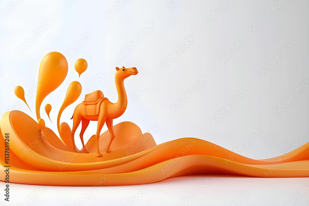 Poster Vibrant Orange Camel Surrounded by Fluid Shapes and Abstract Elements in a Minimalistic Style