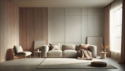 Modern Living Room Interior with Neutral Tones and Wooden Accents