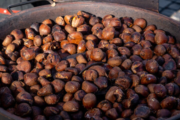 Roasted sweet chestnuts close up. Organic food. Food background. Healthy eating