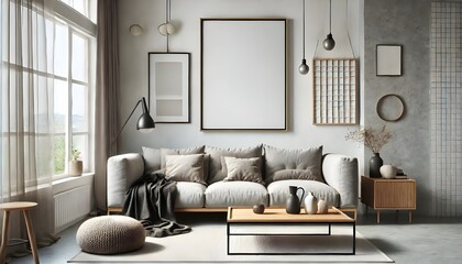 Modern Living Room Mockup with Empty Frame and Neutral Tones