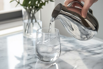 A hand pouring water from a sleek silver pitcher into a frosty glass on a marble countertop