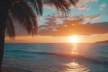 Fototapeta premium Sunset Over Ocean With Palm Trees