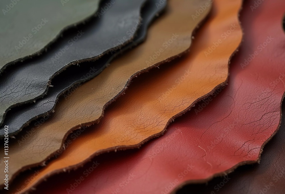 Poster samples of genuine cow leather in different colors are arranged neatly on a surface, showcasing the 