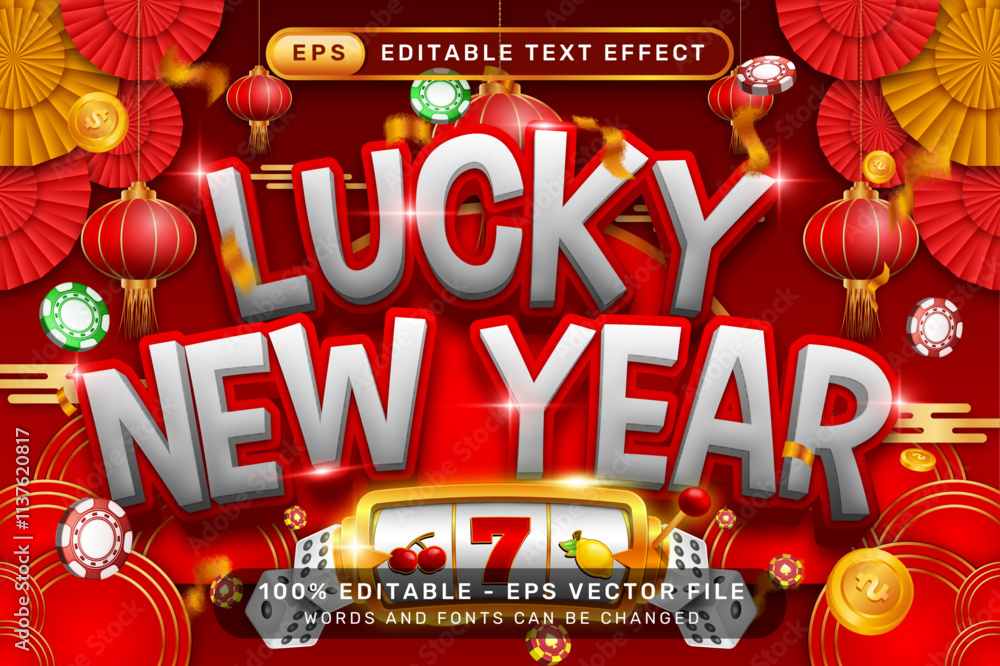 Poster lucky newyear 3d text effect and editable text effect with lanterns and chinese ornaments