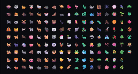 Set of yellow emoji Animals & Nature in vector graphic format on a black background.