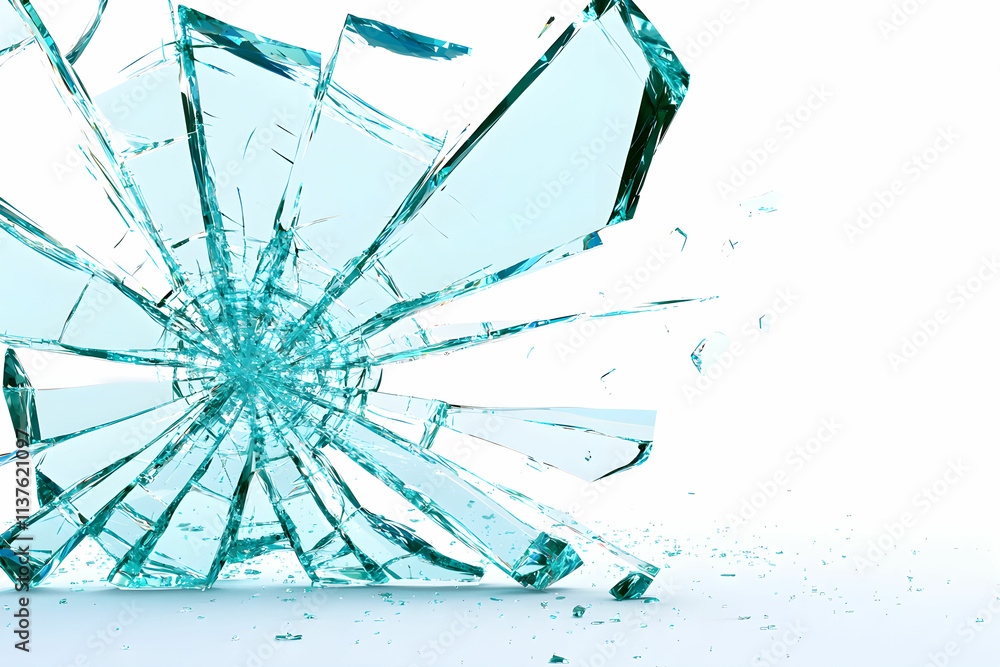 Aufkleber Shattered Glass Fragmentation on White Background with Dynamic Patterns and Sharp Edges