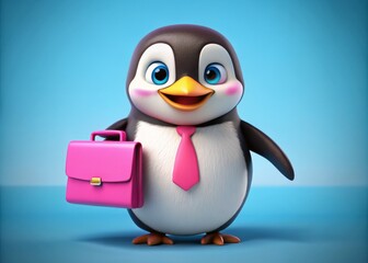 Fototapeta premium Adorable 3D Penguin with Pink Briefcase on a Bright Blue Background, Perfect for Children's , Marketing, and Fun Creative Projects