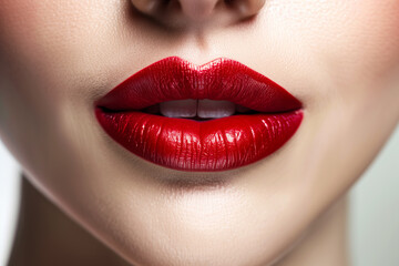 Obraz premium Photo of juicy female lips with vibrant red color, perfect for a beauty industry banner.