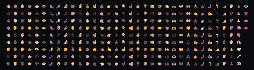 Set of yellow emoji Body in vector graphic format on a black background.