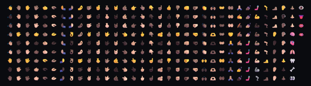 Naklejki Set of yellow emoji Body in vector graphic format on a black background.