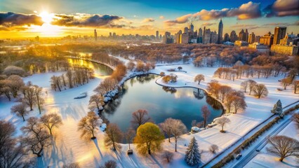 Obraz premium Aerial Snowscape Central Park Winter Wonderland: Bird's Eye View of Iconic NYC Landmark