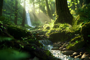 Fototapeta premium Serene Forest Stream with Gentle Waterfall and Sunlight Beaming Through Lush Greenery and Vibrant Ferns