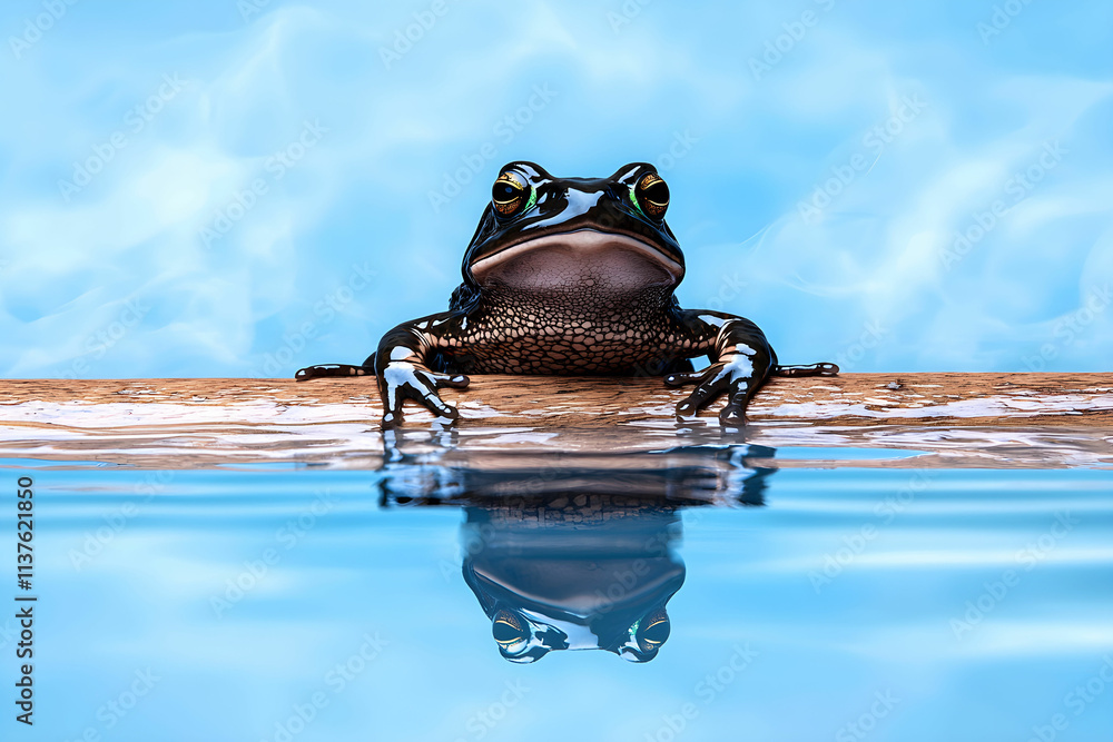 Aufkleber close-up of a frog resting on a log with reflection in clear water against a soft blue background