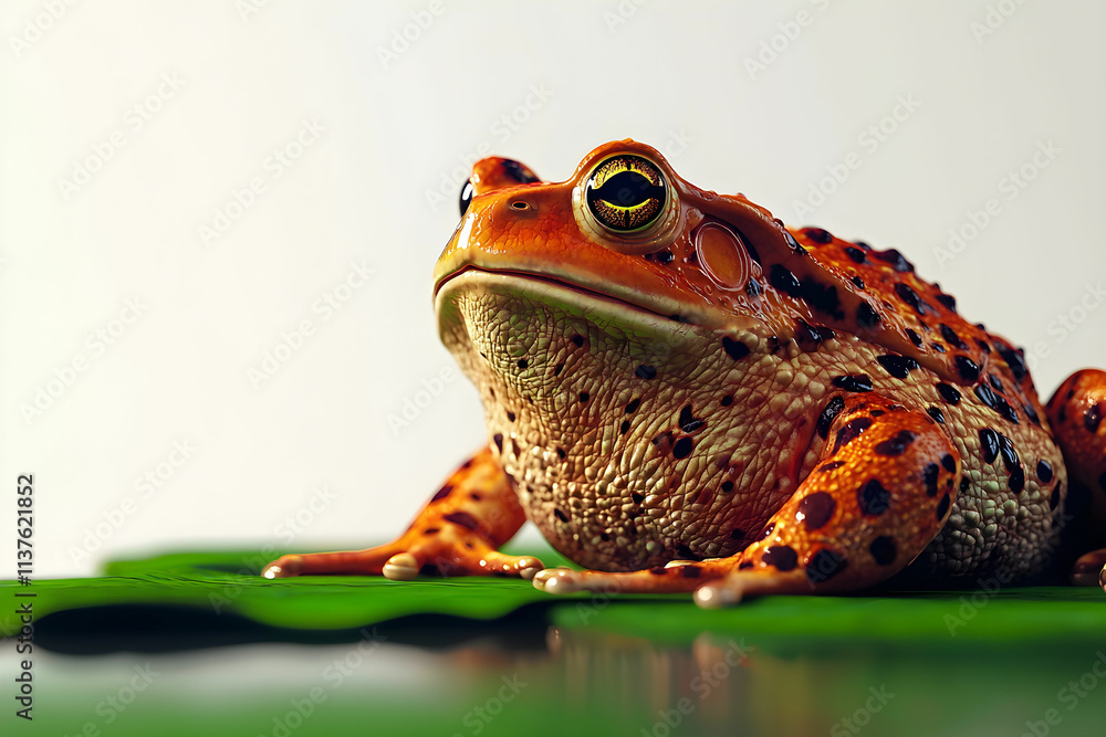 Poster close-up of colorful spotted frog resting on a leaf with soft background and blurred focus